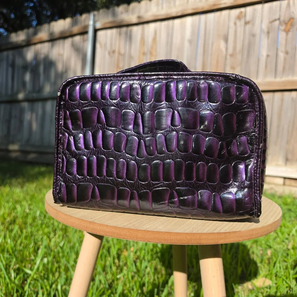 Stephanie Johnson Purple Croc Embossed Cosmetic Case Neon Yellow Interior Travel